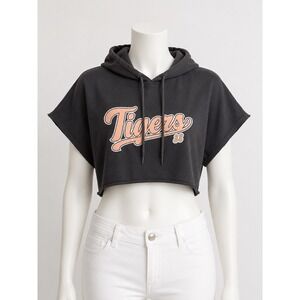Refuge Athletics Women Tigers 88 Graphic Cropped Short Sleeve Hoodie Charcoal M